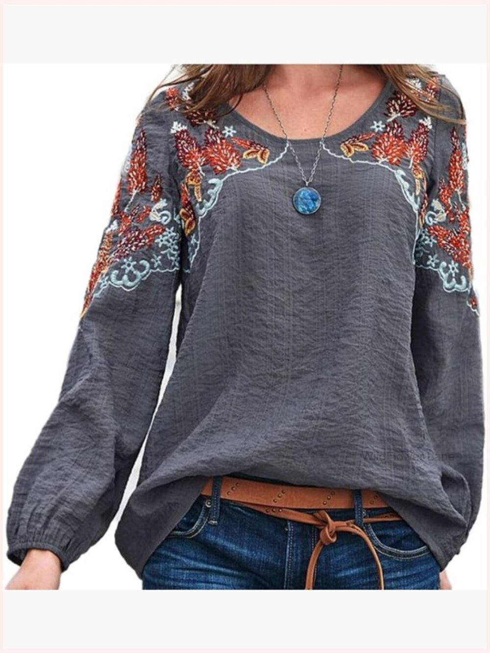 Mexican Peasant Blouse Long Sleeve Embroidered Linen Pullover Top